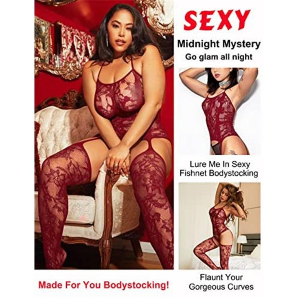 RSLOVE Women Fishnet Bodystocking Attached Stockings Sexy Lingerie Crotchless - Picture 2 of 7